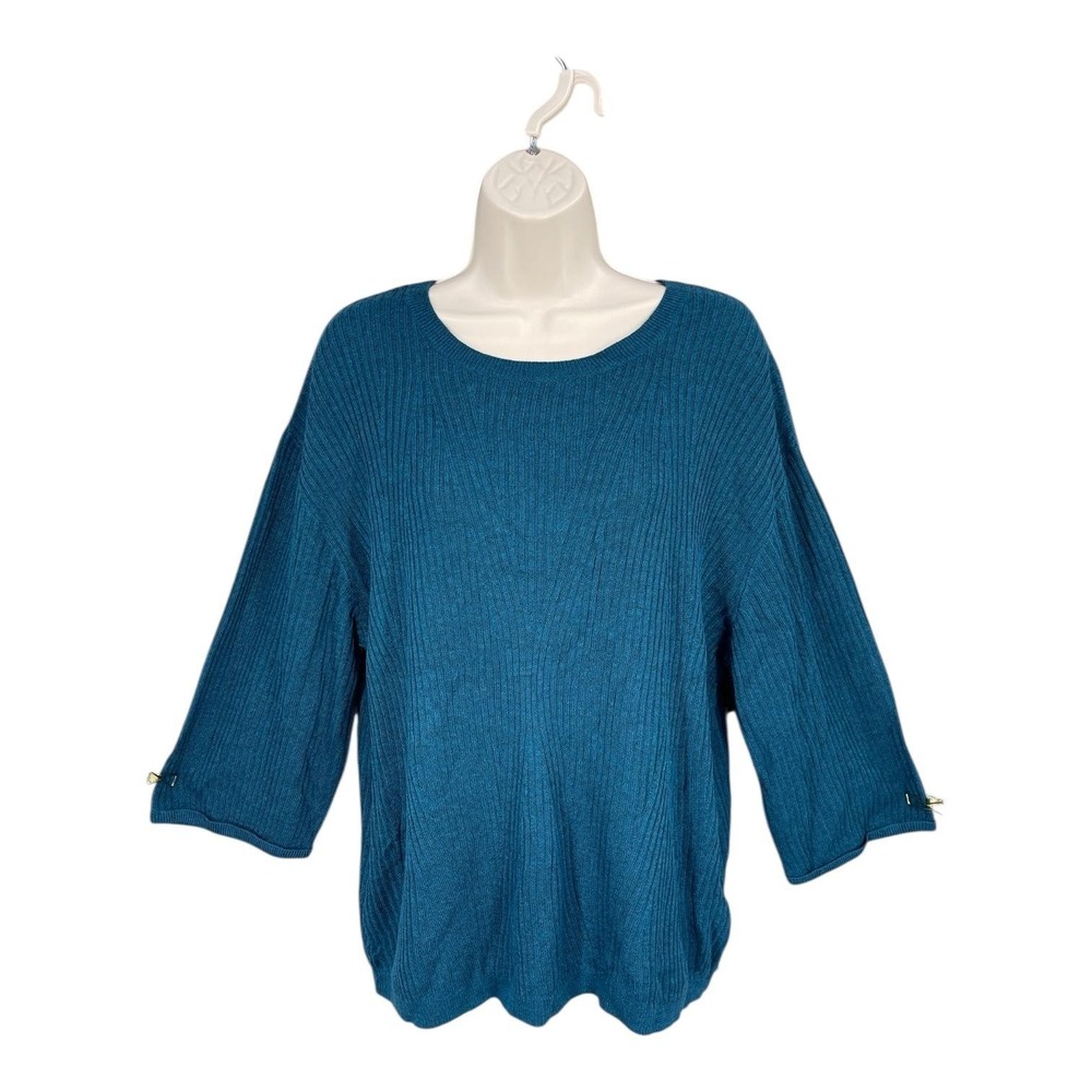 Ava & Viv Sweater Women Ribbed Preppy Career Knit 3/4 Sleeve Top Size XL Blue